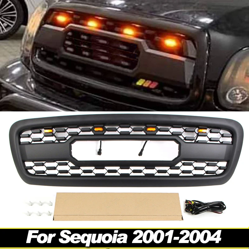 Matte Black Front Grill With LED light Fits  For Toyota Sequoia 2001 2002 2003 2004 Racing grill