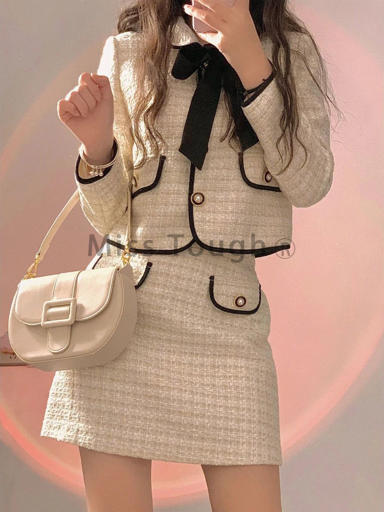 Vintage France Sweet Vintage Two Piece Set Women Chic Bow Cropped Coat + Mini Skirt Suit New Elegant Y2k Style Street Korean Set