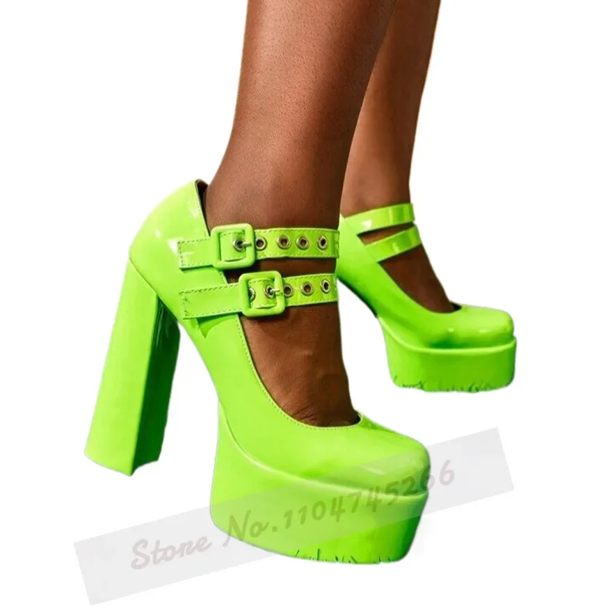 Neon Green Shiny Mirror Leather Chunky Heel Pumps Women High Platform Ankle Buckle Strap Dress Shoes Elegant Banquet Footwear view 2
