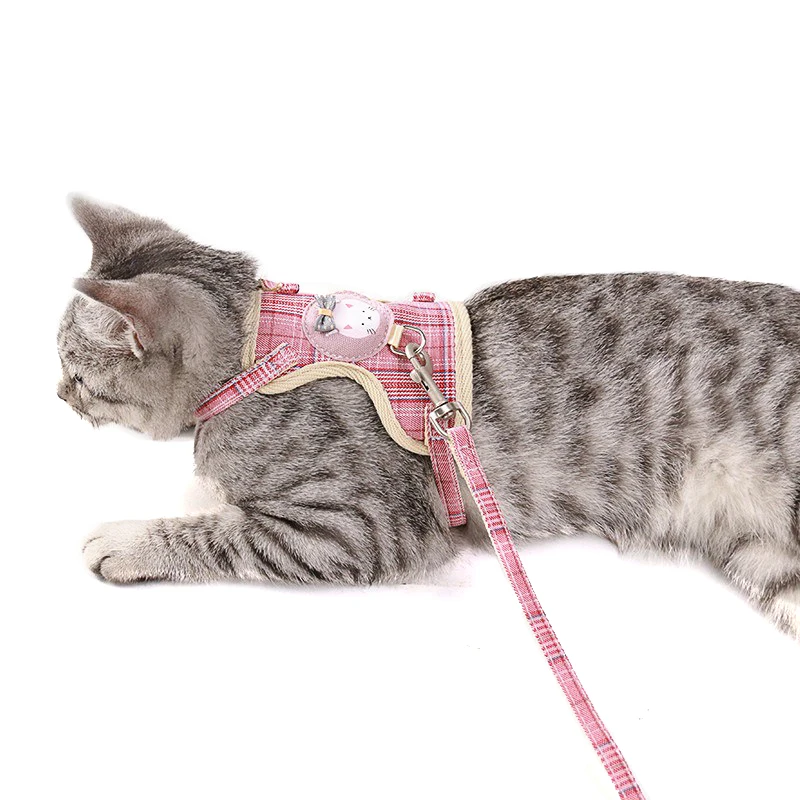 Breathable Polyester Small Dog Harness Set Pink Lattice Walking Leash Accessories Cat Clothes Anti Lost Durable Pet Products