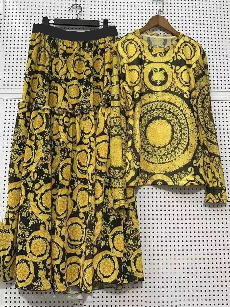 Designer's retro geometric printed knitted gauze T two-piece suit 2026 spring women's dress+loose plus size skirt fashion suit