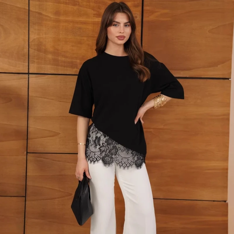 

Tsiisd Summer Casual Lace Loose T-Shirt Top Women Fashion Commuting Patchwork Asymmetry Printing Streetwear 2026 New Female Top