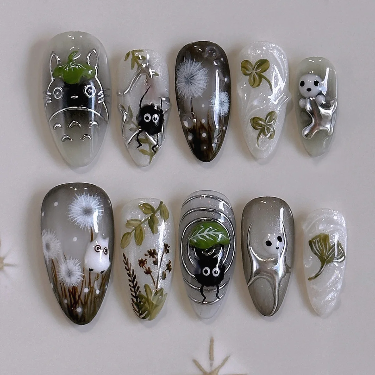 

24Pcs Medium Almond Press on Nails-3D Fairy Garden Design with Black & White Elves Dandelions Green Leaves on Light Yellow Base