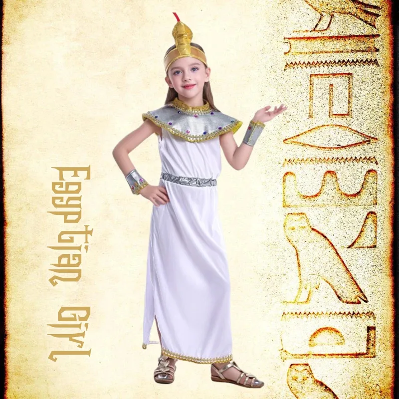 

Girls Ancient Egyptian Nile Queen Princess Cleopatra Cosplay Halloween Party Costume White Dress