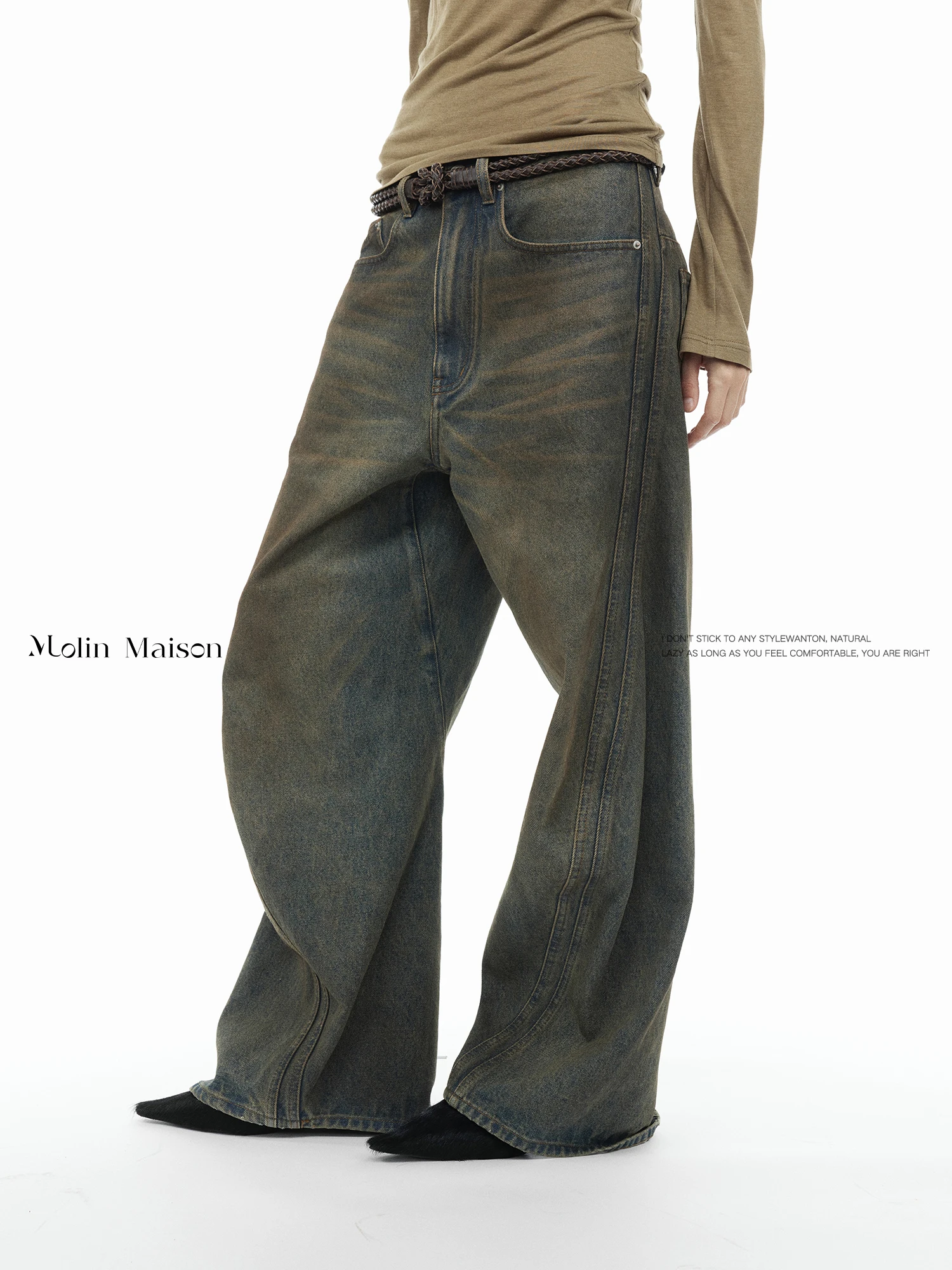 Molin Maison Vintage Washed Heavy Duty Deconstructed Handbemalte Loose Casual Denim Wide Leg Hosen Damenjeans