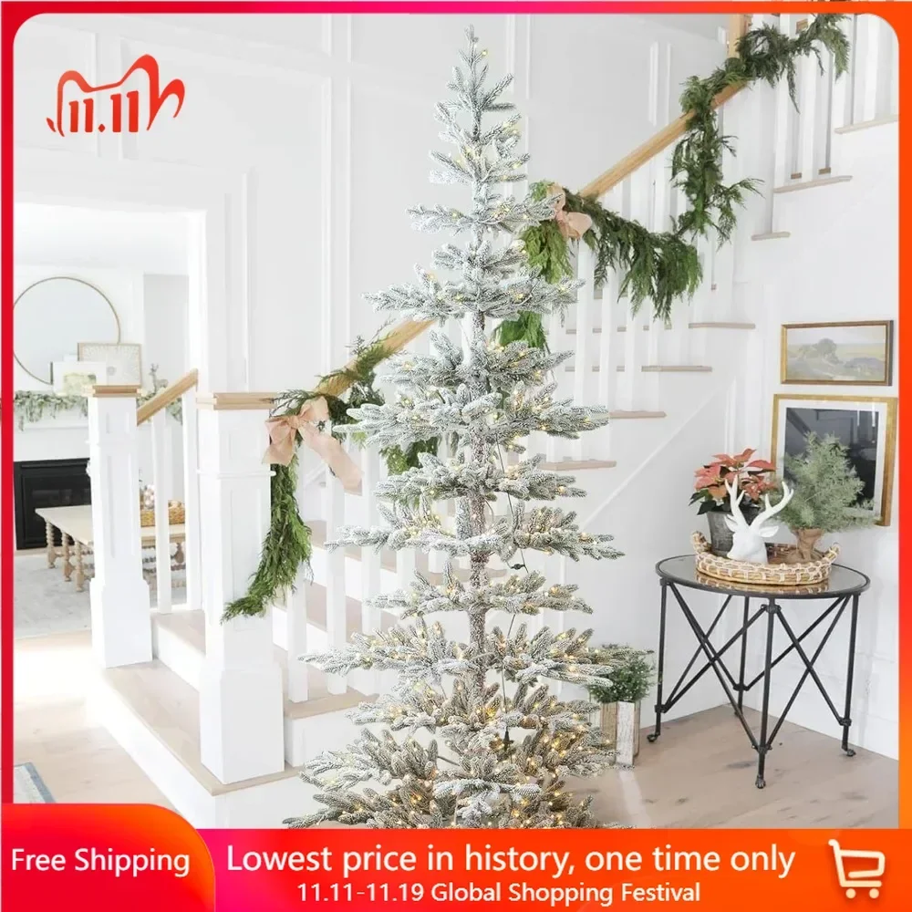 9ft  Artificial Christmas Tree,Deluxe Pre-Lit Flocked Pine with 650 Warm White Lights, Metal Hinges & Base,Large Xmas Tree