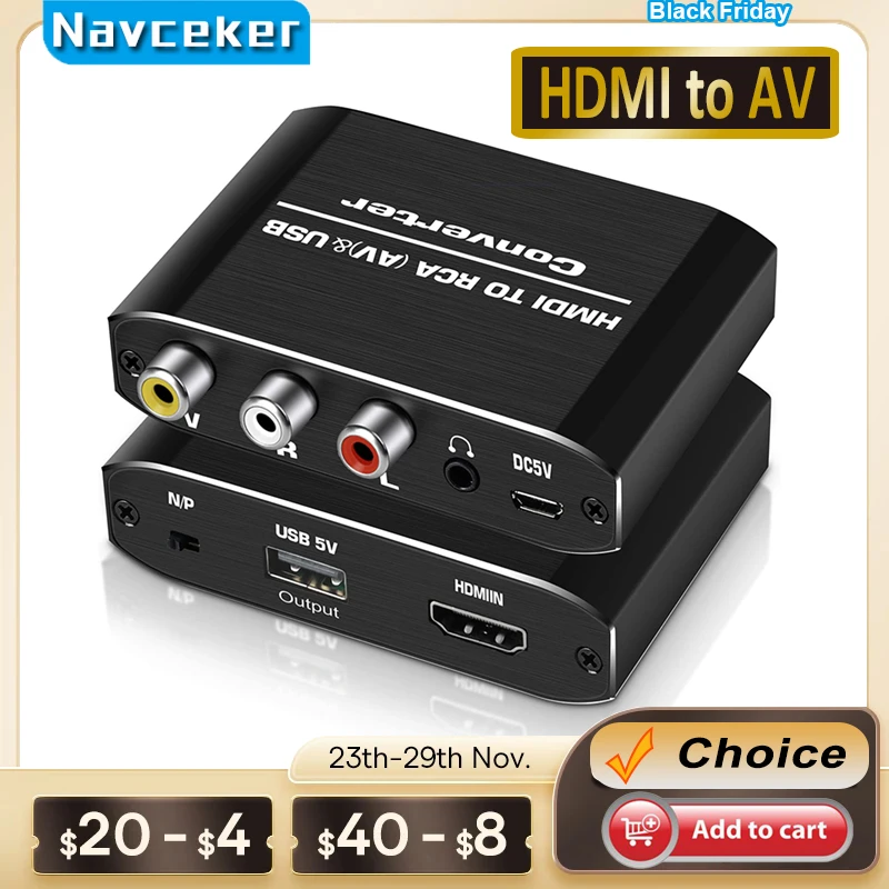 Navceker HDMI-compatible to RCA Converter AV/CVSB L/R Video Box HD 1080P 1920*1080 60Hz HDMI2AV Support NTSC PAL Output HDMI AV