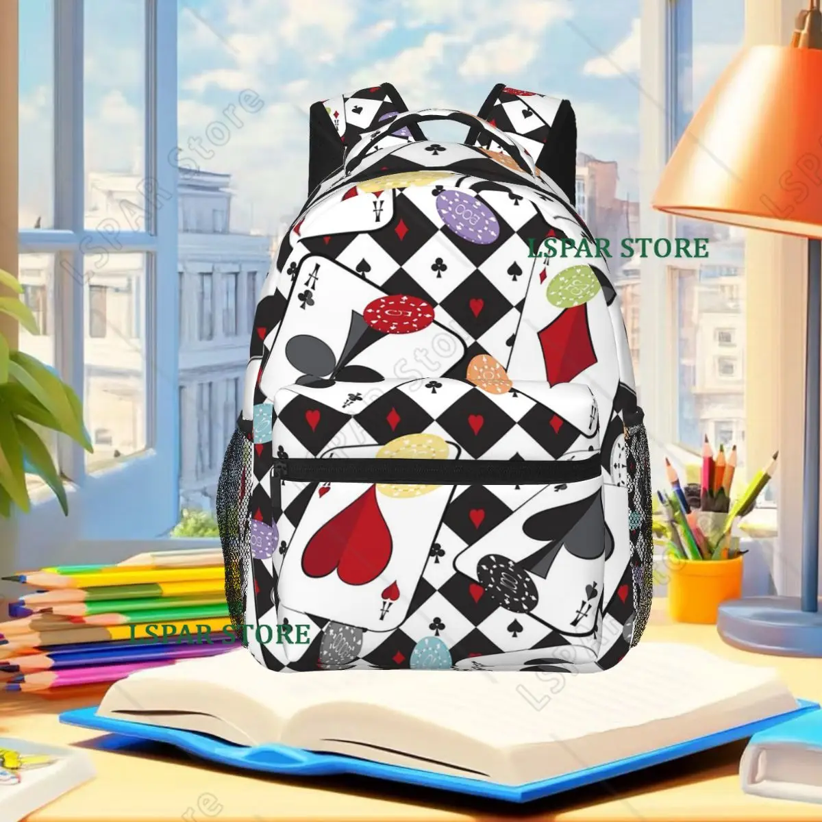 Poker Pattern Playing Card Student Backpack School Bag Hiking Travel Daypack for Men Women Fashion Bookbag Shoulder Bags