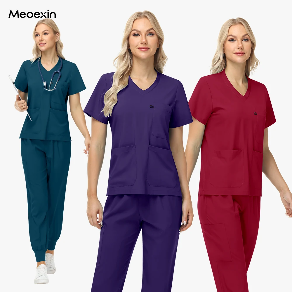 

Лидер продаж, комплекты униформы для больниц и медсестер, скрабы для врачей, топ с v-образным вырезом и короткими рукавами, брюки для бега, женские скрабовые костюмы, медицинская лабораторная спецодежда