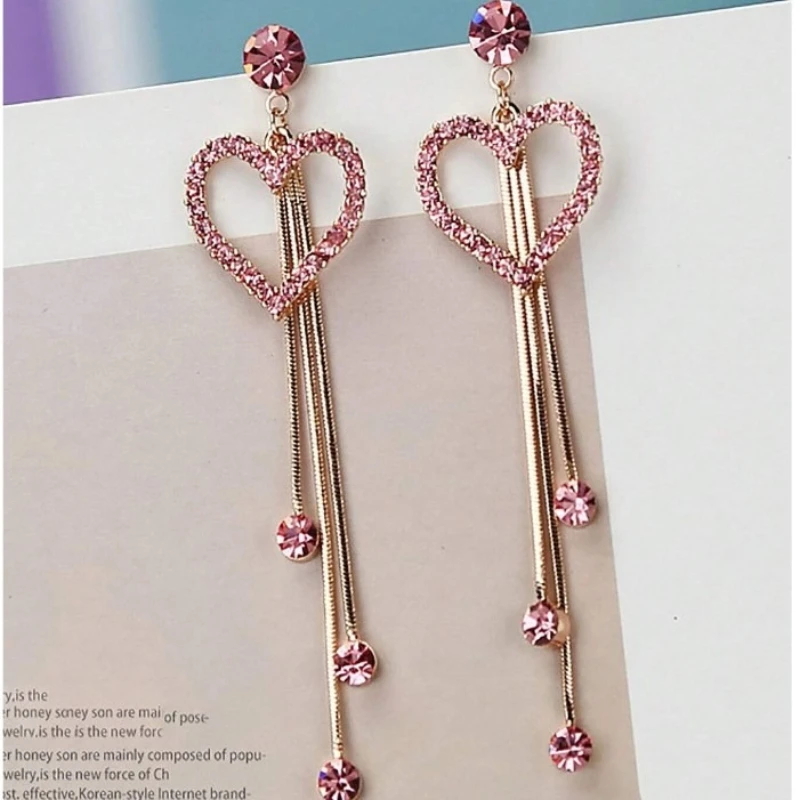 Sparkling Rose Red Color Inlaid Zircon Heart-shaped Tassel Earrings, Give Your Girlfriend Valentine's Day Party Jewelry Gift