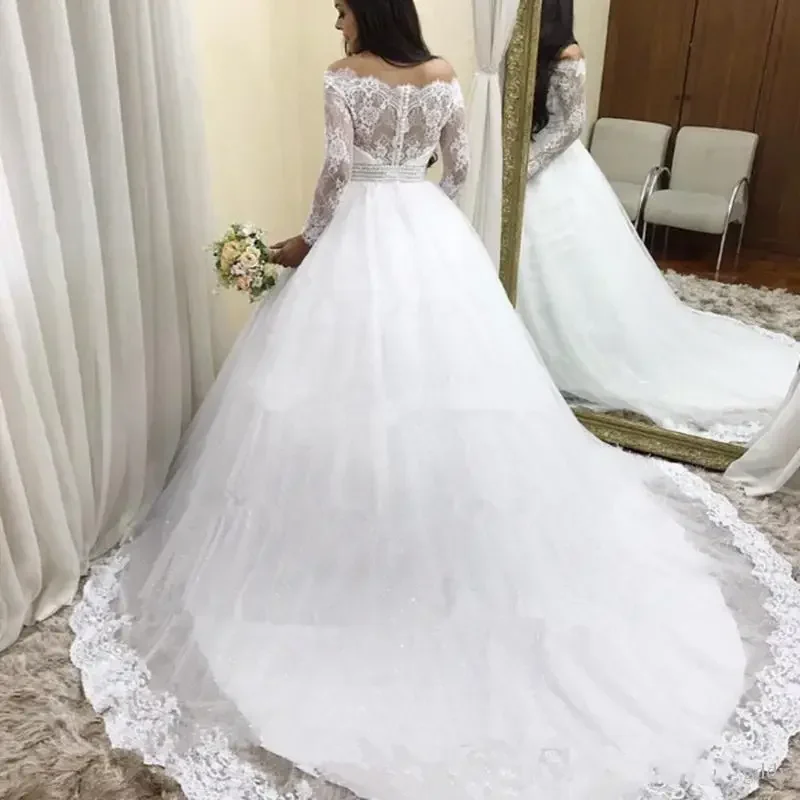 Customized Vestidos De Noiva Princess Wedding Dress Off Shoulders Long Sleeves Beaded Arabic Robe De Mariage Garden Bridal Gown