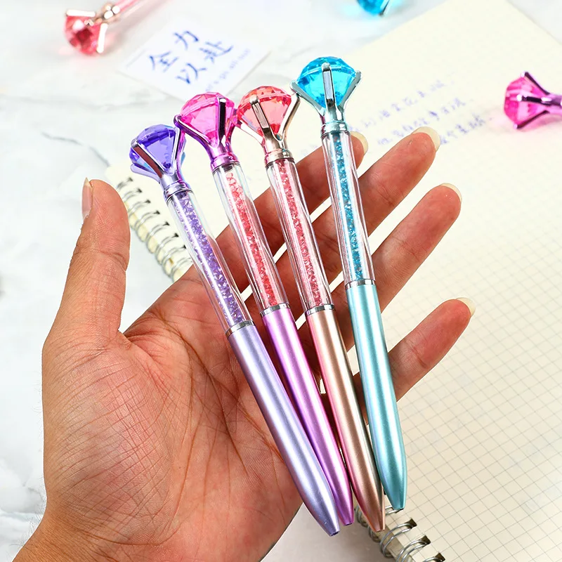 10Pcs/Lot Cute Large Diamond Ballpoint Pen Colored Crystal Neutral Oil Pen Blue Ink School Office Stationery Imitation Metal Rod