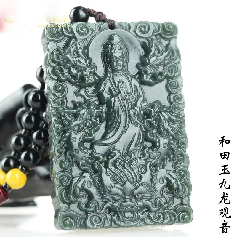 

Натуральный нефритовый кулон из хотанского зеленого жадеита с изображением Бодхисаттвы Гуаньинь для мужчин