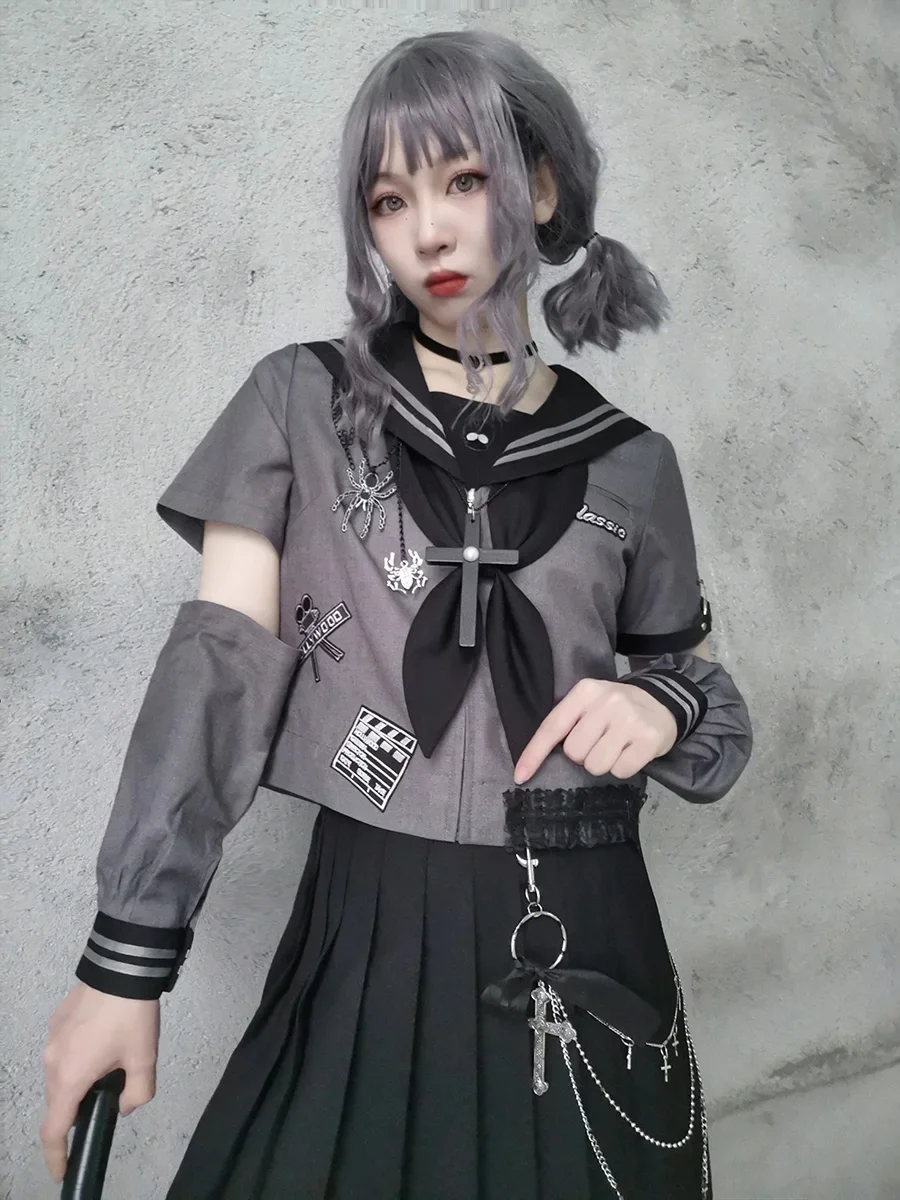 Japanese Jk Uniform Original Design Broken Sleeve Removable Bad Short Sleeve Sailor Collar Top Suit Dark Pleated Skirt Suit Girl