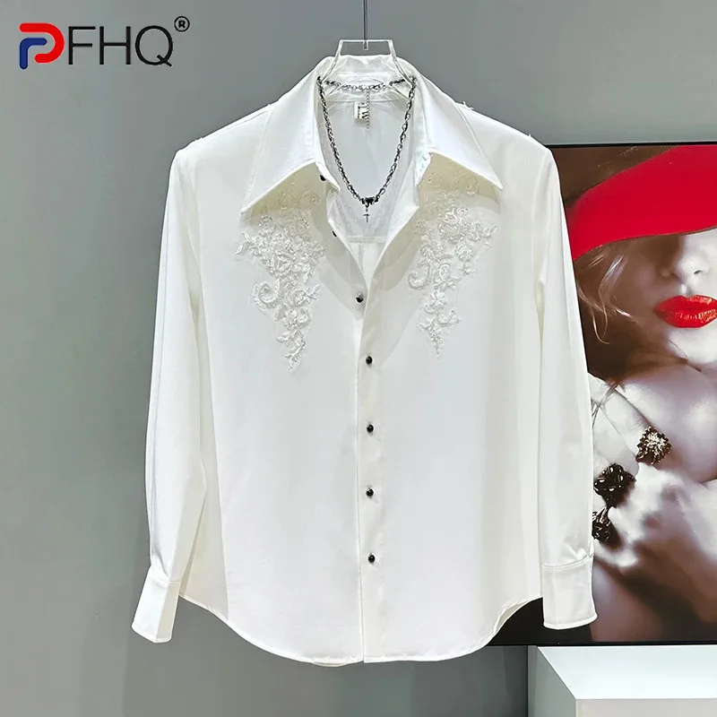 PFHQ المتخصصة تصميم قميص رجالي صيف جديد مطرز الترتر الديكور قمصان طويلة الأكمام منصات الكتف بلايز الرجال عادية 21E6556