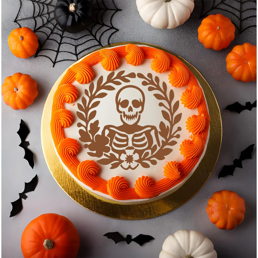 Vintage Skeleton Wreath Cake Stencil, Food‑Safe PET Template, Reusable Decor for Halloween Fondant, Cookie & Party Desserts