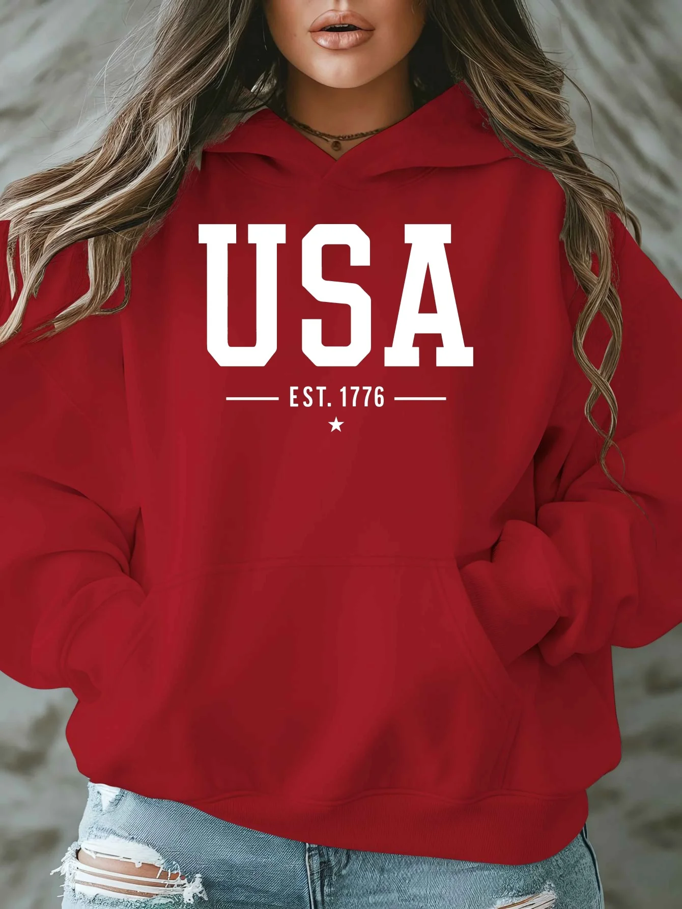USA Est 1776 Printed Hooded Sweatshirt, Casual Long Sleeve Pullover for Women, Polyester Material, Slight Stretch, Fall/Winter Season, Oversized Fit, Alphabets Pattern, Hooded Collar Style