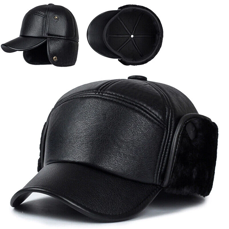 Winter Warm Cap Men Black Leather Fur Baseball Cap Hats for Men Snapback Women Casquette Bones Dad Caps Gorras Earflaps Thicken