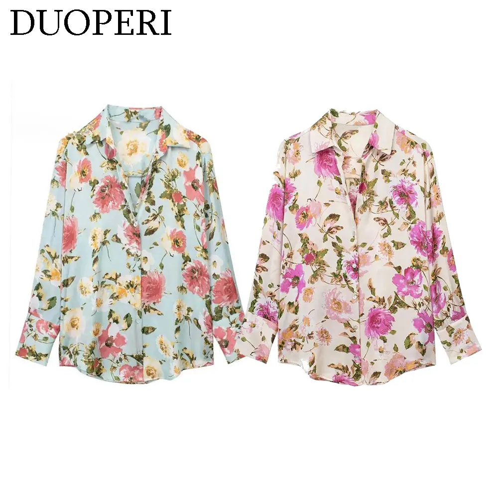 DUOPERI Women Fashion Floral Printed Loose Shirt Lapel Collar Long Sleeves Female Chic Lady Casual Blouse Tops