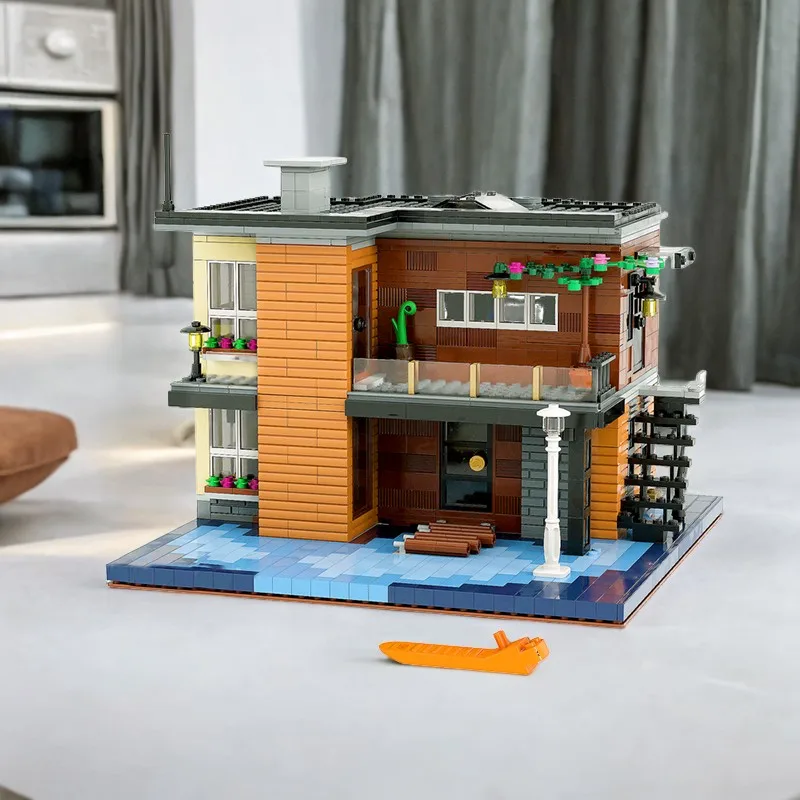 1686 peças casa lakeside moc com doca de madeira, canoa, telhado inclinado e vista em lago, presente de blocos de construção educacionais