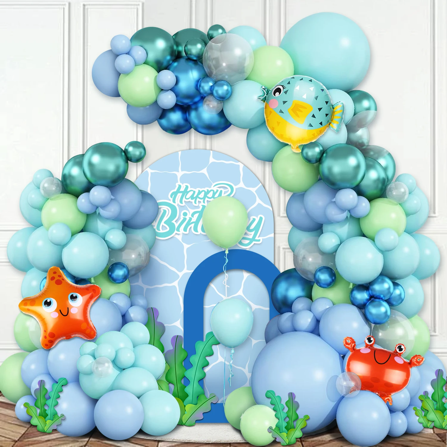 Kit de arco de globos para fiesta temática de océano de 122 piezas, guirnalda de globos verde lima cian azul claro con globo de látex de metal, guirnalda de globos verde azul adecuada para decoración de ducha de fiesta de cumpleaños con tema de vida marina