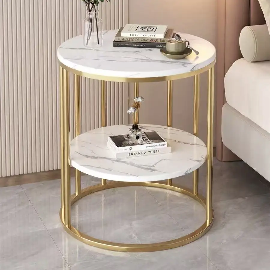A light luxury modern square two-tier coffee table with a golden metal frame, easy to clean