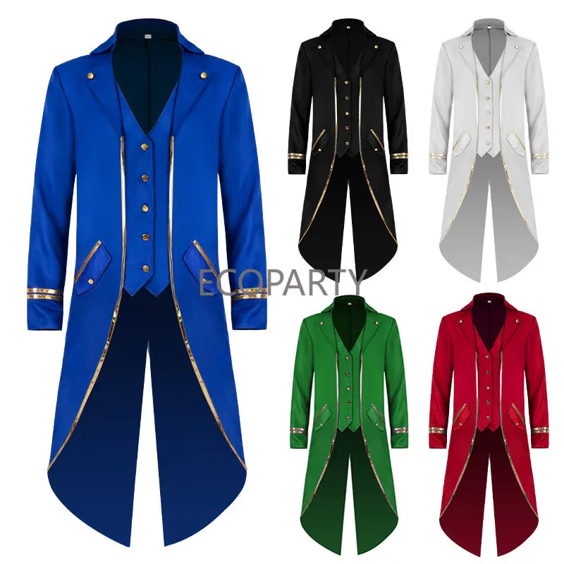 2022 New Halloween Tuxedo Men's Gothic Jacket Steampunk Tailcoat Long Coat Halloween Medieval Costume Frock Gold Trim Fit Coat