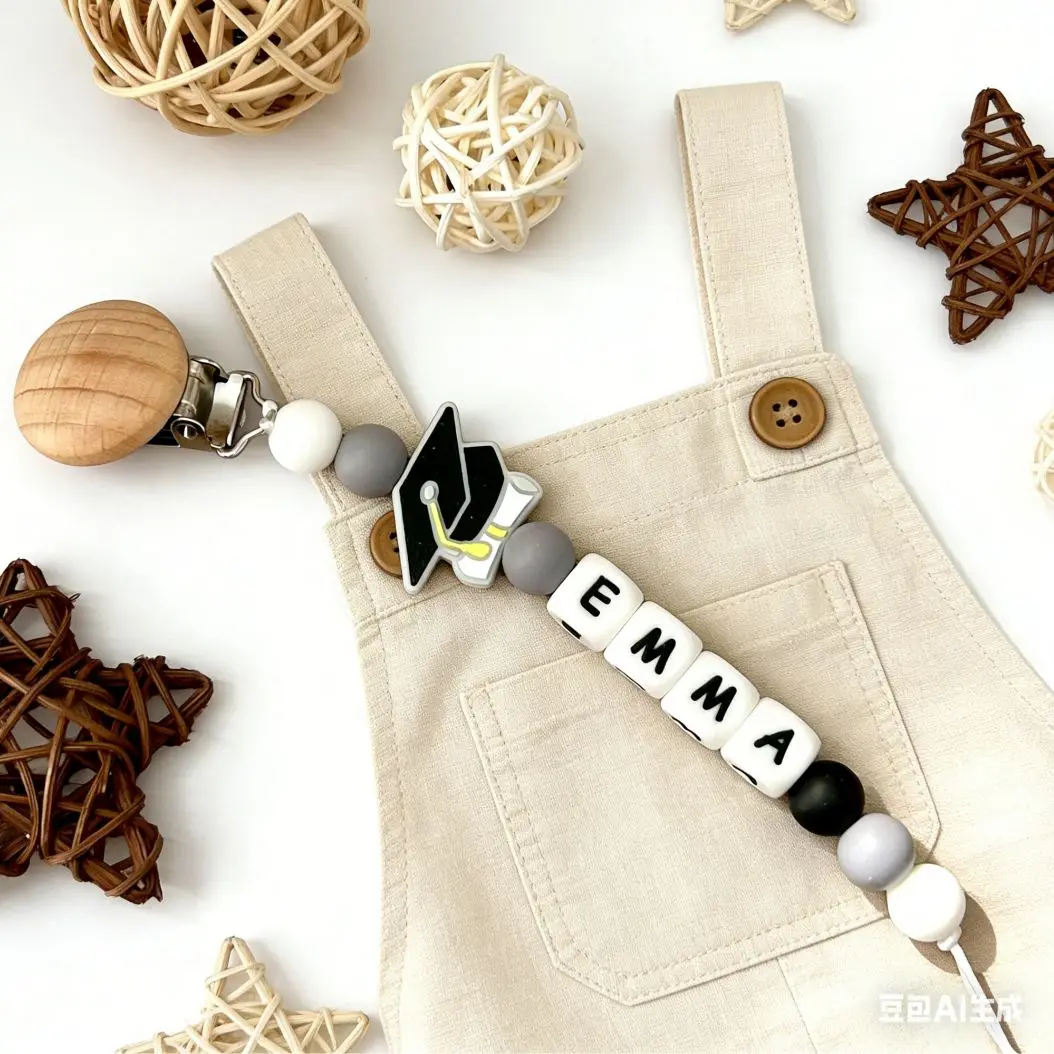 

Baby Personalized Name Wood Nipple Holder Clip Pacifier Teething Chew Toy Food Grade Doctorial Hat Infant Teether Dummy Chain