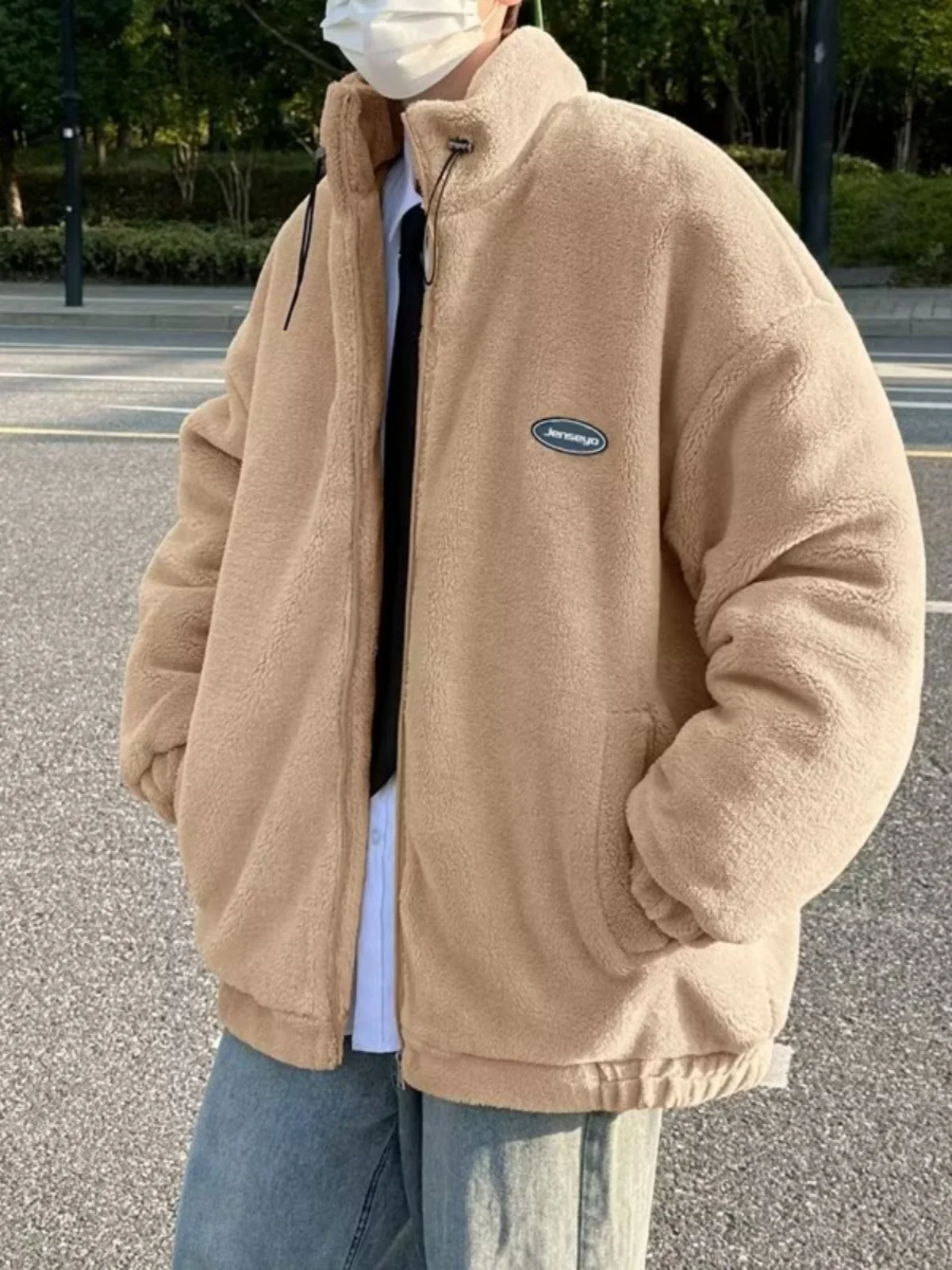 

Retro Japanese Sle Lamb Velvet Stand Collar Jaet Men's Trendy Brand Simple Match Loose Thi Warm Casual Outerwear