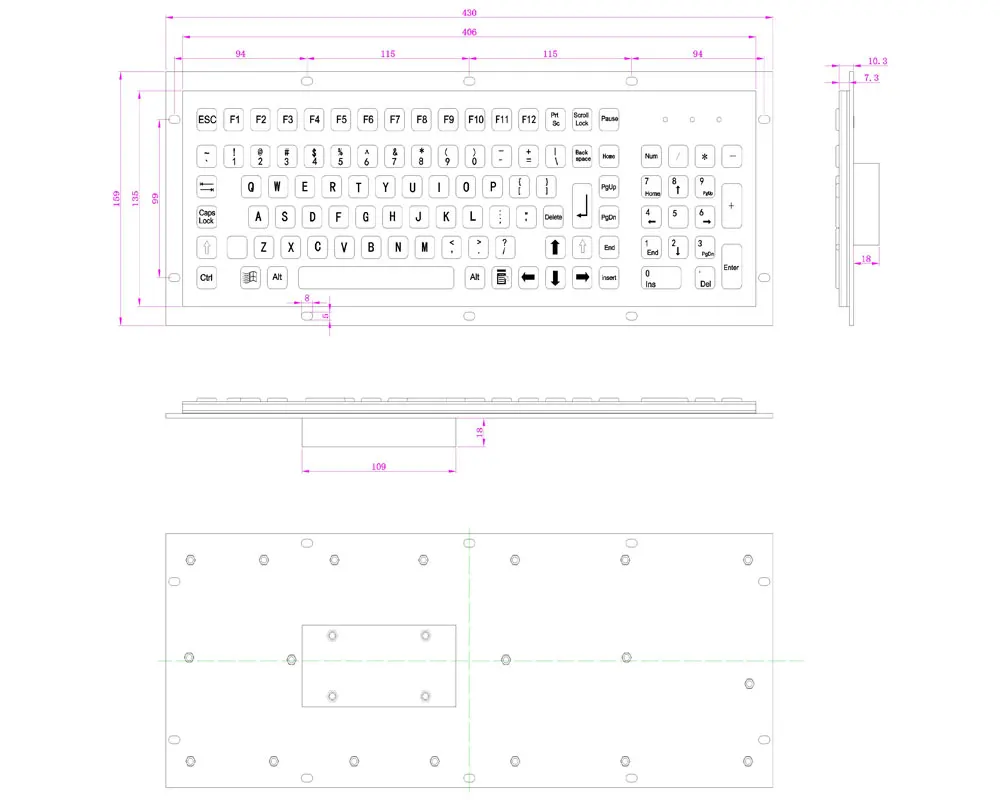 Teclado de ordenador de tamaño completo con teclado numérico, quiosco de Metal Industrial