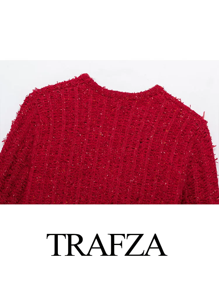 TRAFZA Female Casual Long Sleeves Coats Red Pockets Single-Breasted Cardigan Women' Spring New Fashion O-Neck Knitting Tops
