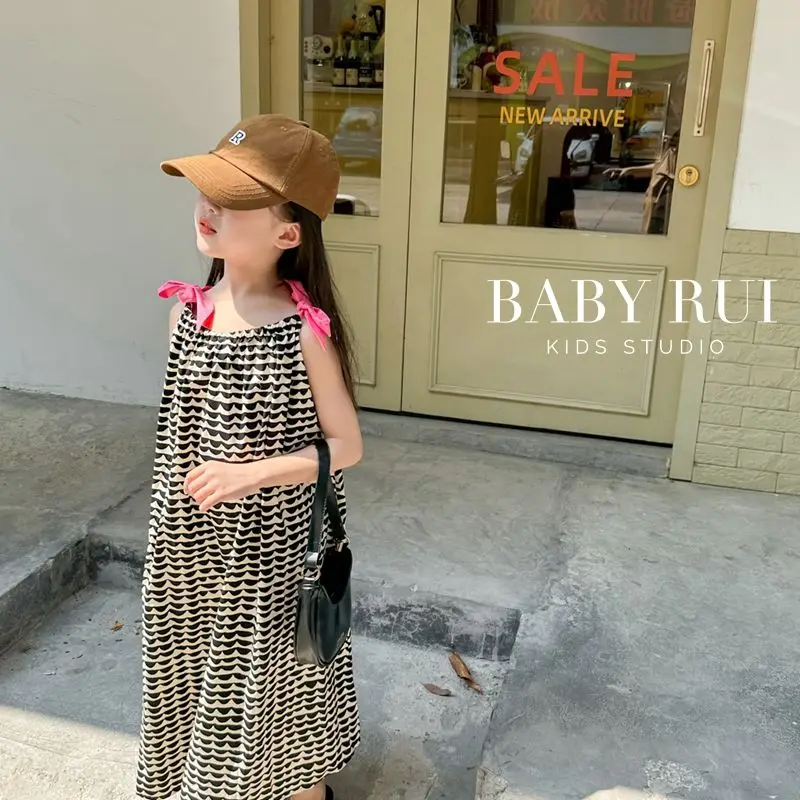 2023 Summer Overall Dresses A-line Mid-calf Length Pullover Print Bowknot Cotton Sweet Fashion Korean Casual Designable Girls