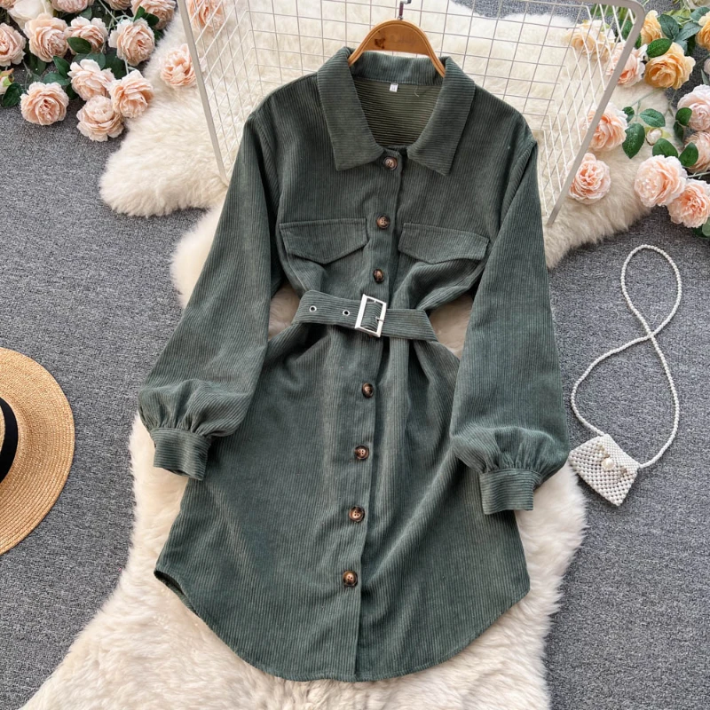 Women Autumn Elegant Corduroy Shirt Dress with Belt 2024 Female Full Sleeved Single Breasted Slim Waist A-line Midi Dresses