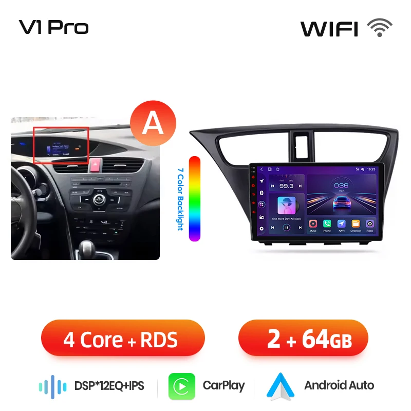 Junsun draadloze CarPlay Android Auto autoradio voor Honda Civic Mk9 (FK/FB) 2011-2017 met ingebouwde koelventilator, Android GPS navigatie, multimediaspeler, WiFi, DSP, RDS, BT, SWC, IPS touchscreen,