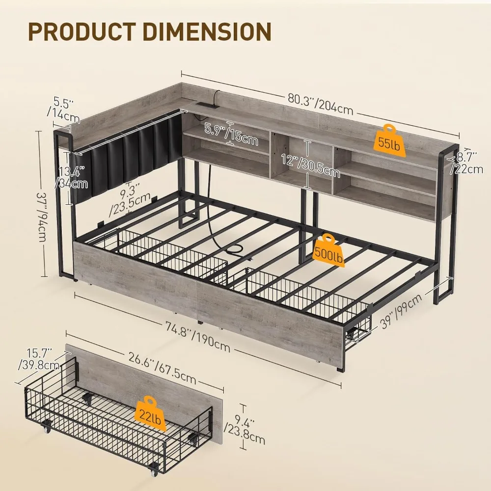 Bed Frame with Bookcase Storage and PU Upholstered, Twin Daybed with 2 Drawers and Charging Station, Metal Platform Bed F