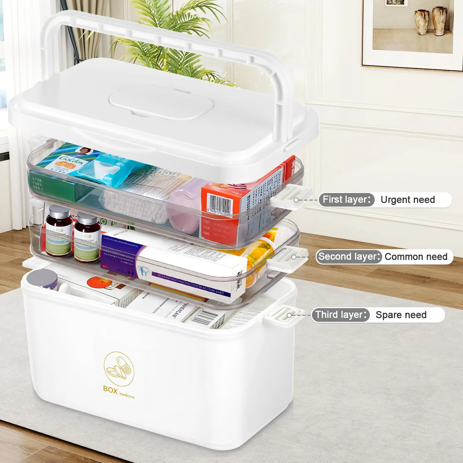 صندوق تخزين الأدوية، صندوق أدوية محمول مكون من 3 طبقات للإسعافات الأولية مع غطاء ومقبض، صندوق تخزين الأدوية متعدد الشبكات #5