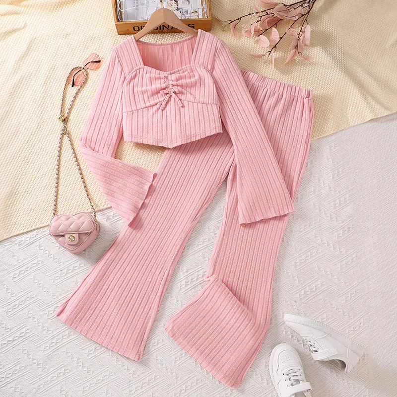 

2024 New Clothing Set Girls Long Flare Sleeve Square Collar T-shirt Pink Pants 2 Pcs Sets Casual Girls Clothes Set 13-16T