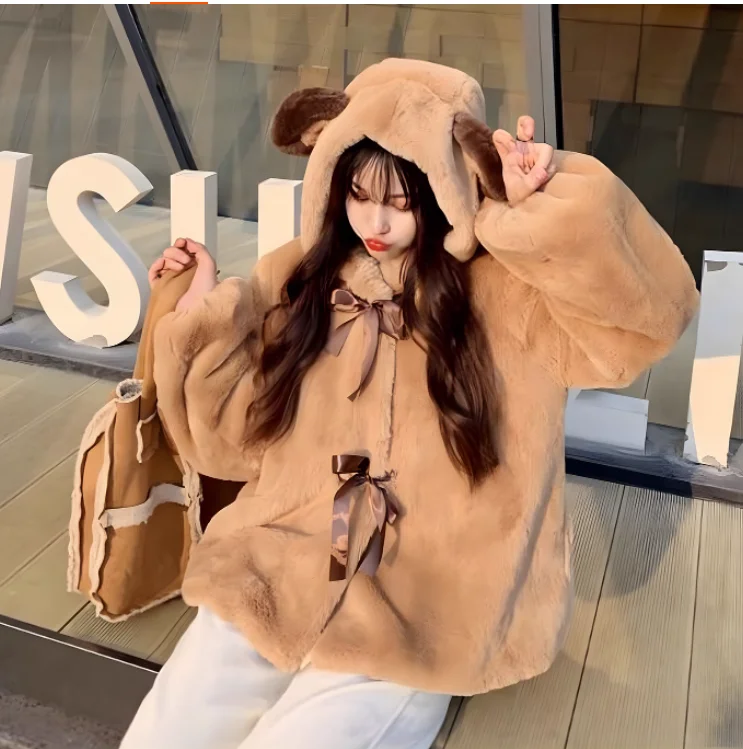 Lolita Autumn Winter Cute Thickened Imitation Fur Loose Age Reduction Hooded Short Coat Fashion Long Sleeve Playful Bow Coats