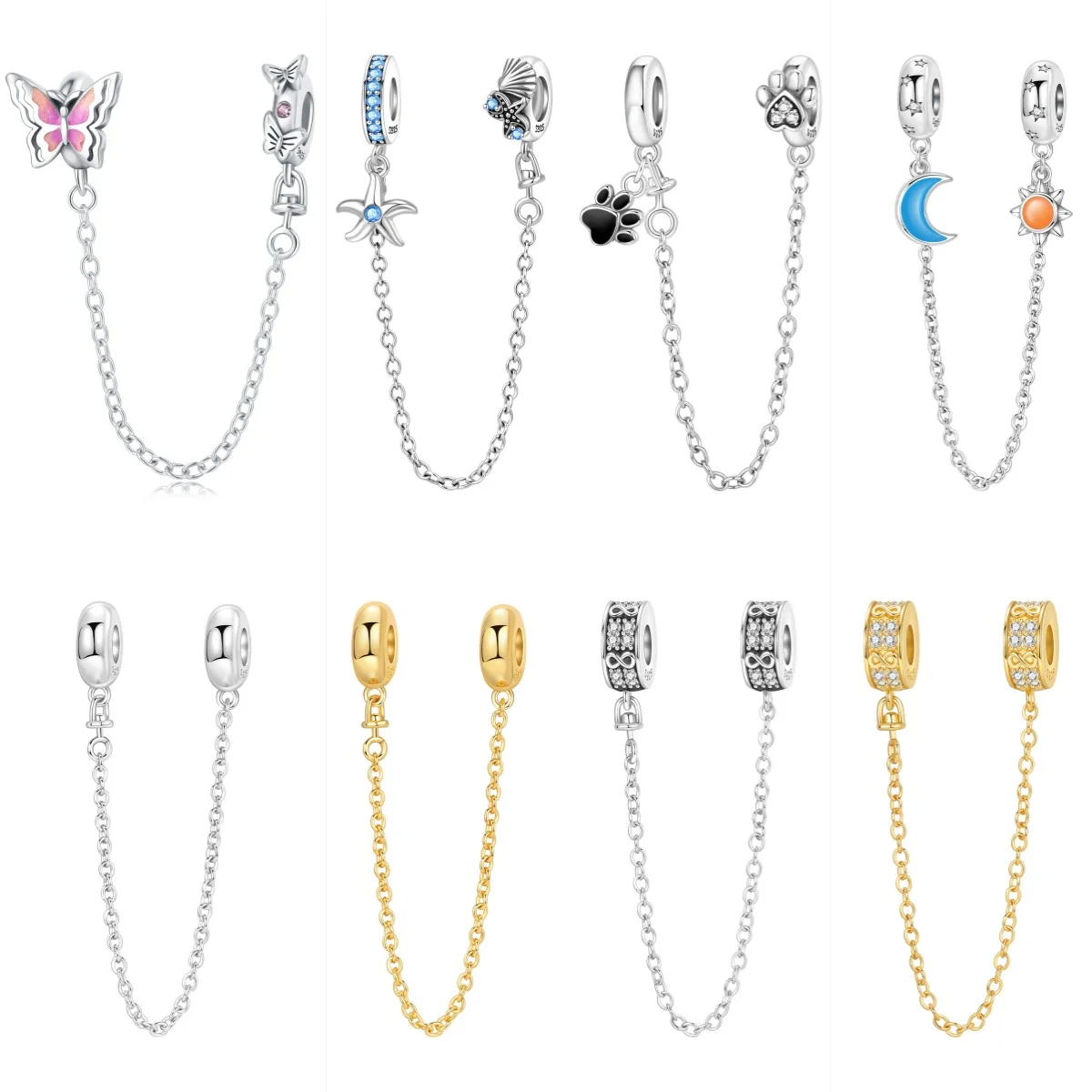925 Sterling Silver Cute Pet Paw Prints Starfish Shells Butterfly Safety Chain for Original Bracelet DIY Jewelry Making Charm