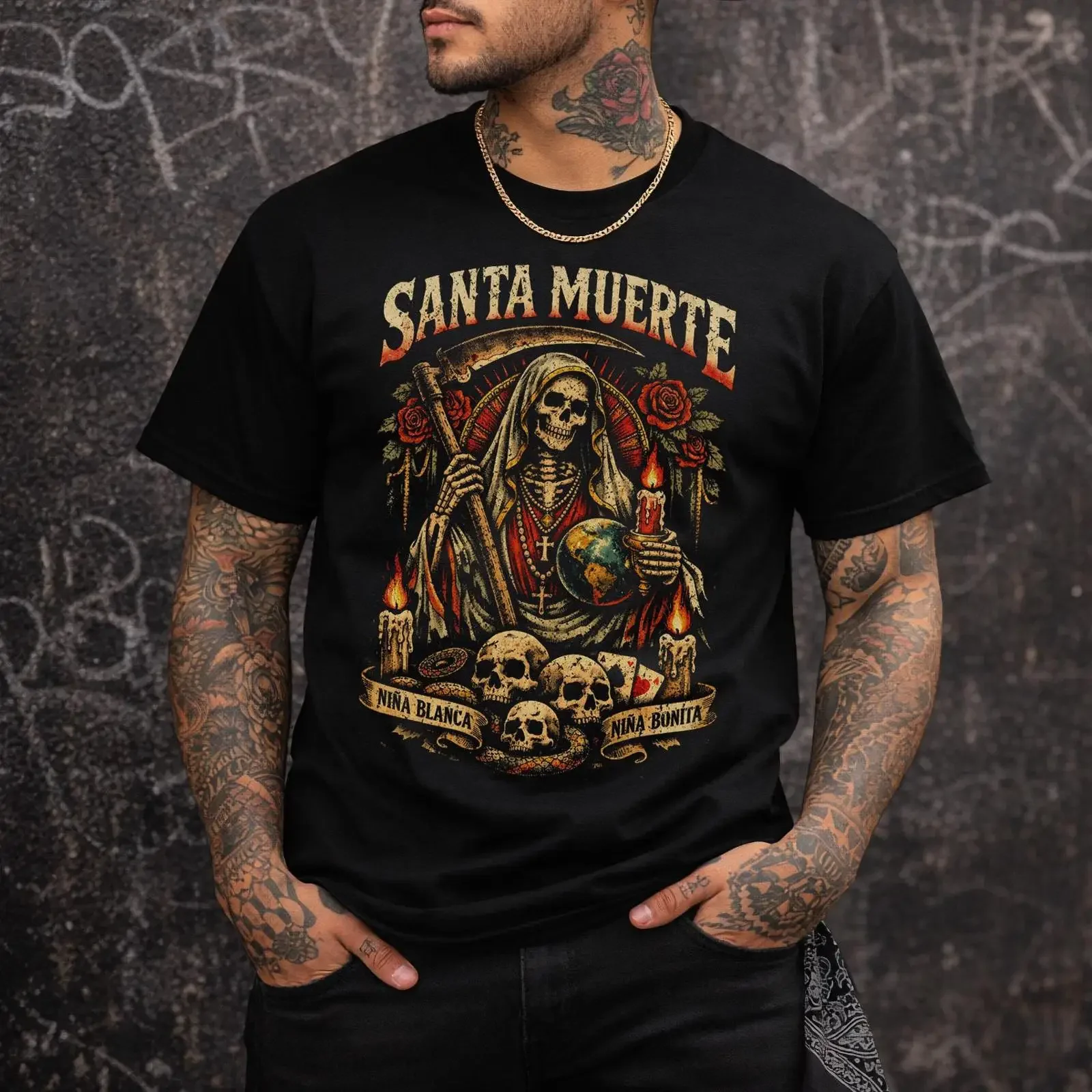 Santa Muerte Grim Reaper T Shirt Mexican Folk Religion Chicano Culture Gothic Latino Fan  vintage Washed fashion