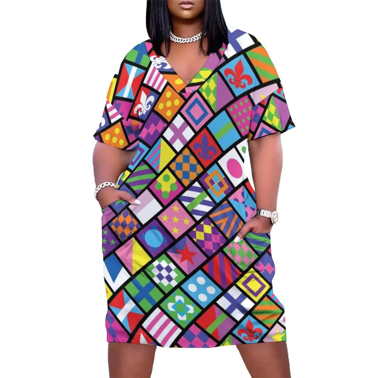 

Horse racing colorful jockey squares Loose Pocket Dress summer women's dress 2025 cute dress