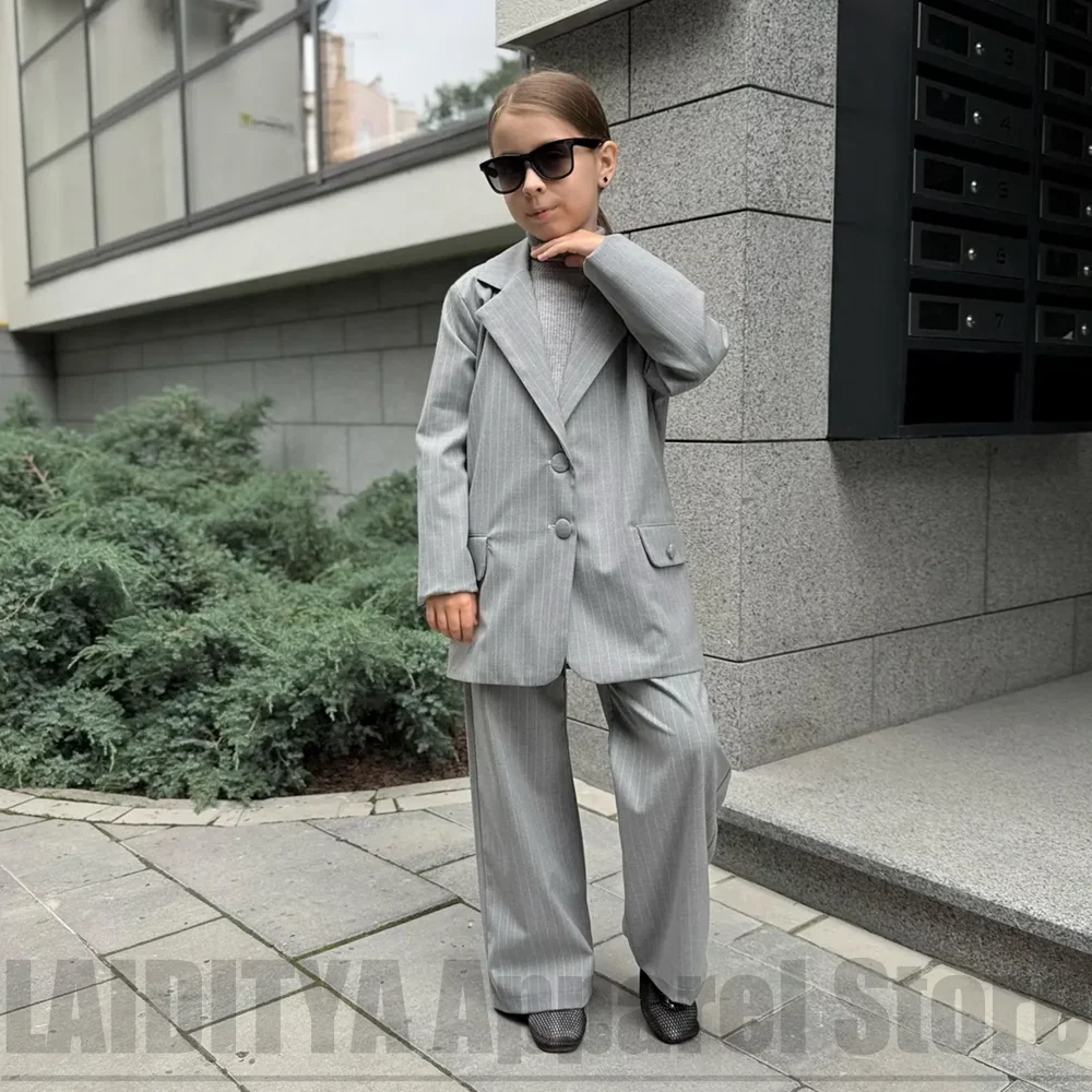 Grey Pinstripe Oversized Girls Two Piece Suit Blazer Wide Leg Pants Kids Street Style Graduation Daily Casual Formal Outfit