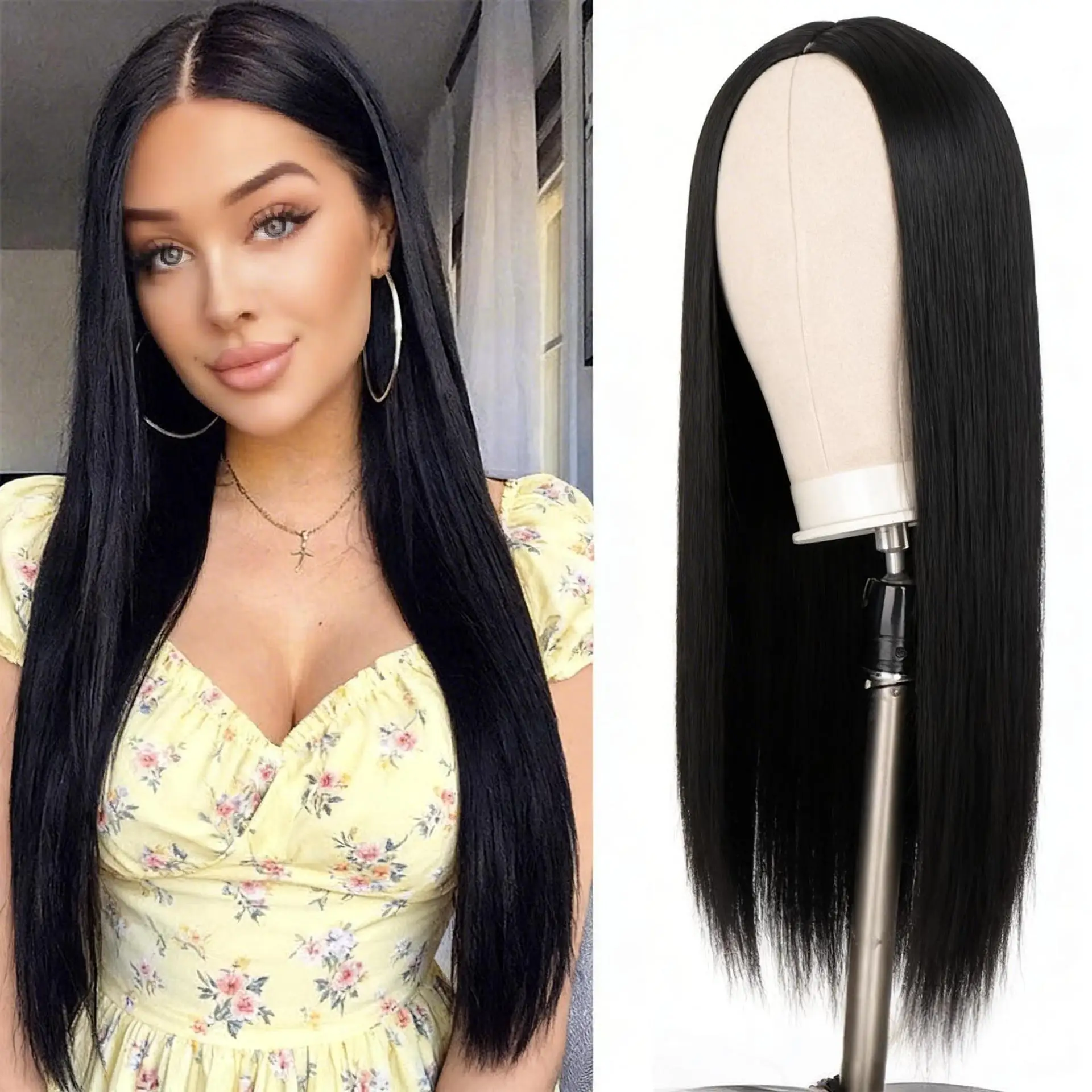Black Straight Hair Synthetic Wig for Costume Party for Halloween Cosplay, Daily Use High-Temperature Hair Accessory Wig Set image 3