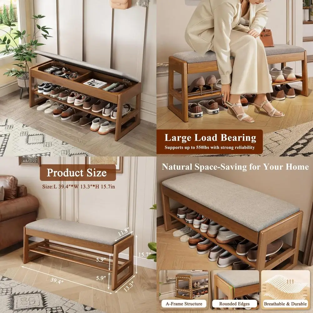 Banco de zapatero de madera de 2 niveles acolchado de algodón y lino: capacidad de 550 libras, diseño elegante y moderno para entradas y pasillos