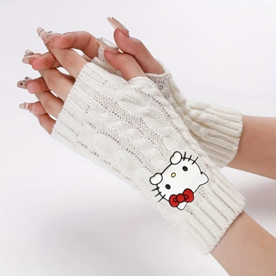 1 Pair Hello Cartoon Kitty Fashion Fingerless Knitted Arm Warmer Gloves for Women PVC Patch Casual Autumn & Winter Mittens