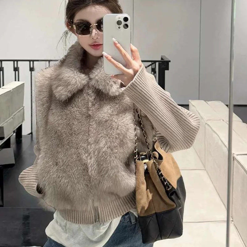 

Женский меховой жилет на осень-зиму Thiened Knitted Sve Jaet, съемный экологически чистый меховой лоскутный топ-стойка для поездок на работу Sle