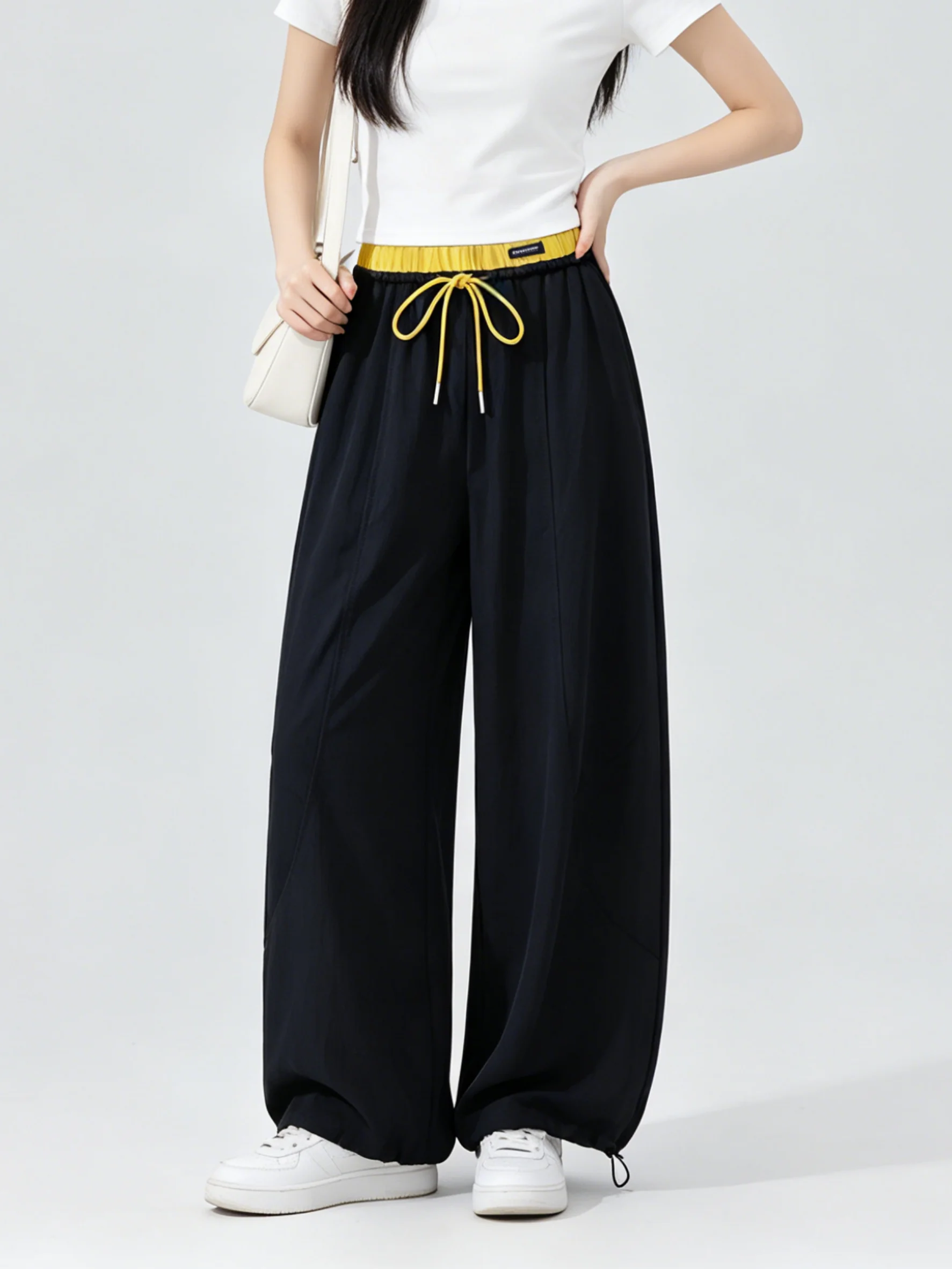 Korean Style Commuter High Waist Wide Leg Casual Pants Color Block Retro Workwear Loose Fit Trousers Skin-friendly Cuffed Lon...