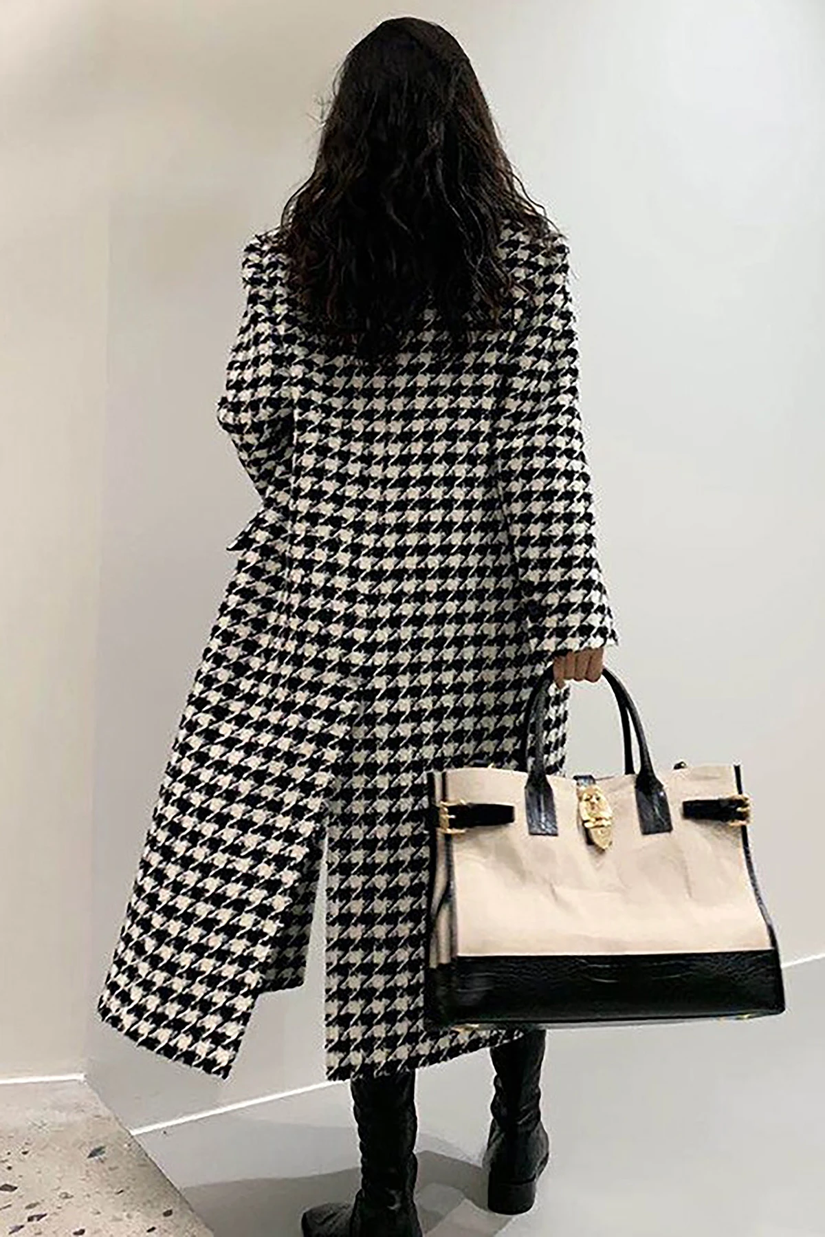 Luxury Winter Autumn Women Long Coat Peak Lapel Houndstooth Overcoat Lady Blazer With Belt Slim Fit Warm Jacket Skirt