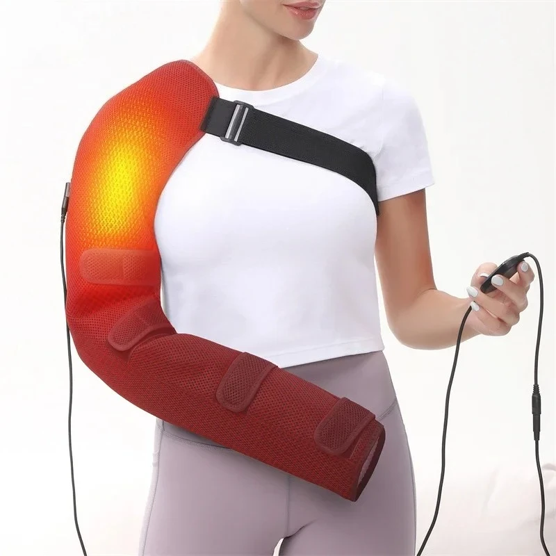 電気式ロングショルダーヒートマッサージブレース、加熱式リストラップ、肘マッサージパッド、3段階振動設定付き、腕と手のサポート