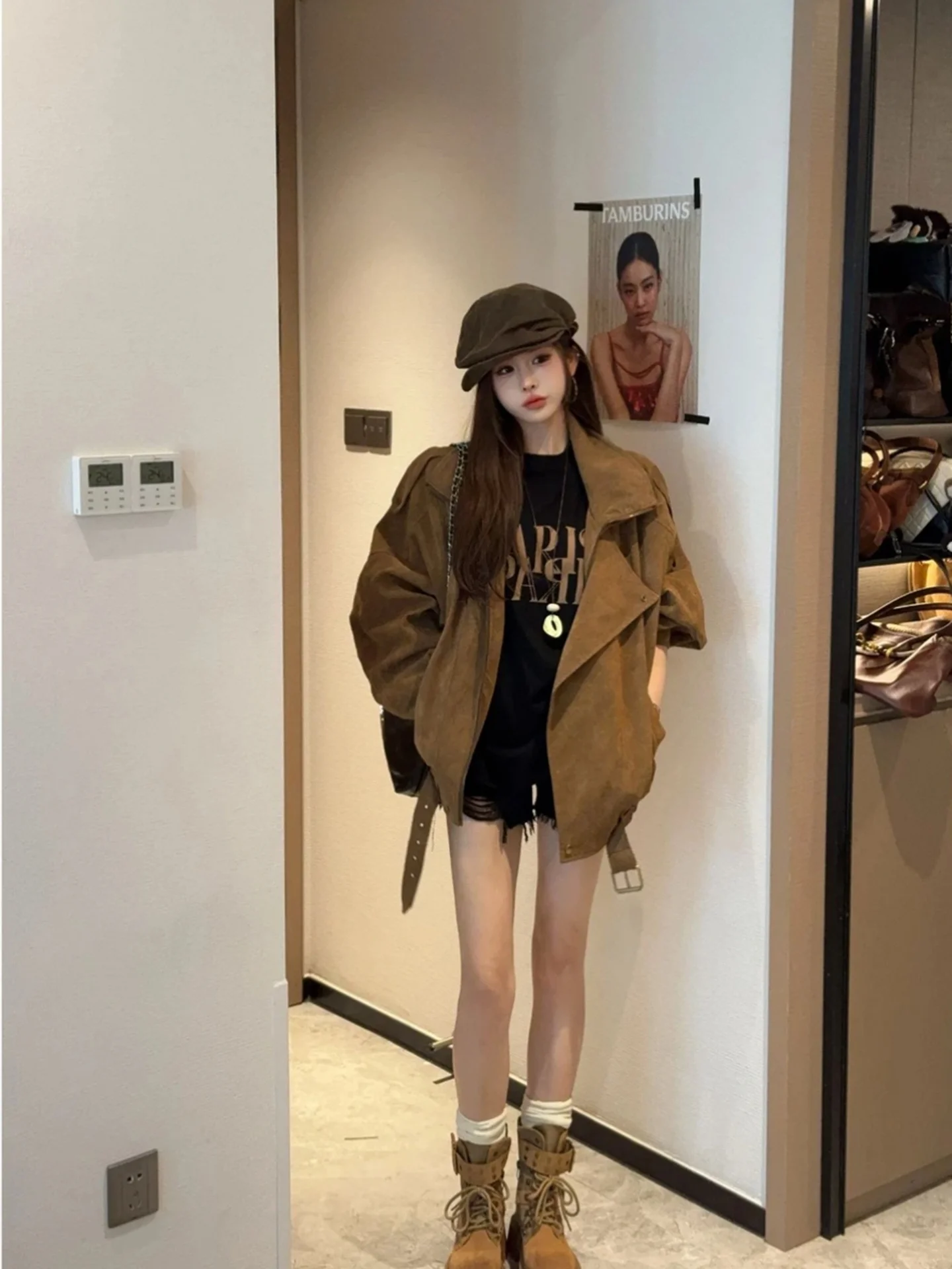 

Retro Brown Workwear Sle Jaet Women's Autumn Winter New Sweet Cool Biker Top Loose Fit Waist Cinched Long Sve ort Coat